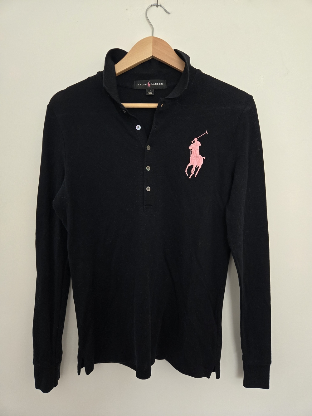 Ralph Lauren Black Long-Sleeve Polo with Big Pink Pony Preppy Normcore Size L